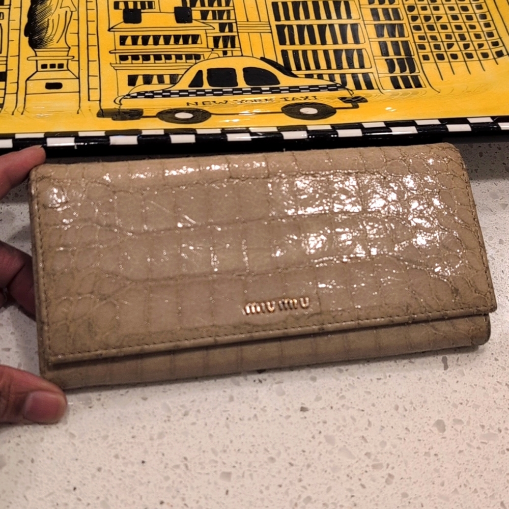 Miu Miu Beige Croc Embossed Leather Long Wallet with Gold hardware